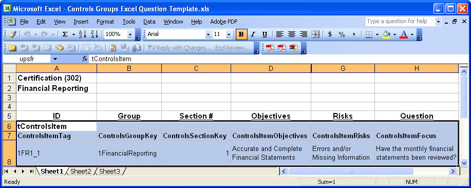 The image depicts an example of questions created in Excel that will be imported into an FDM Controls Group.